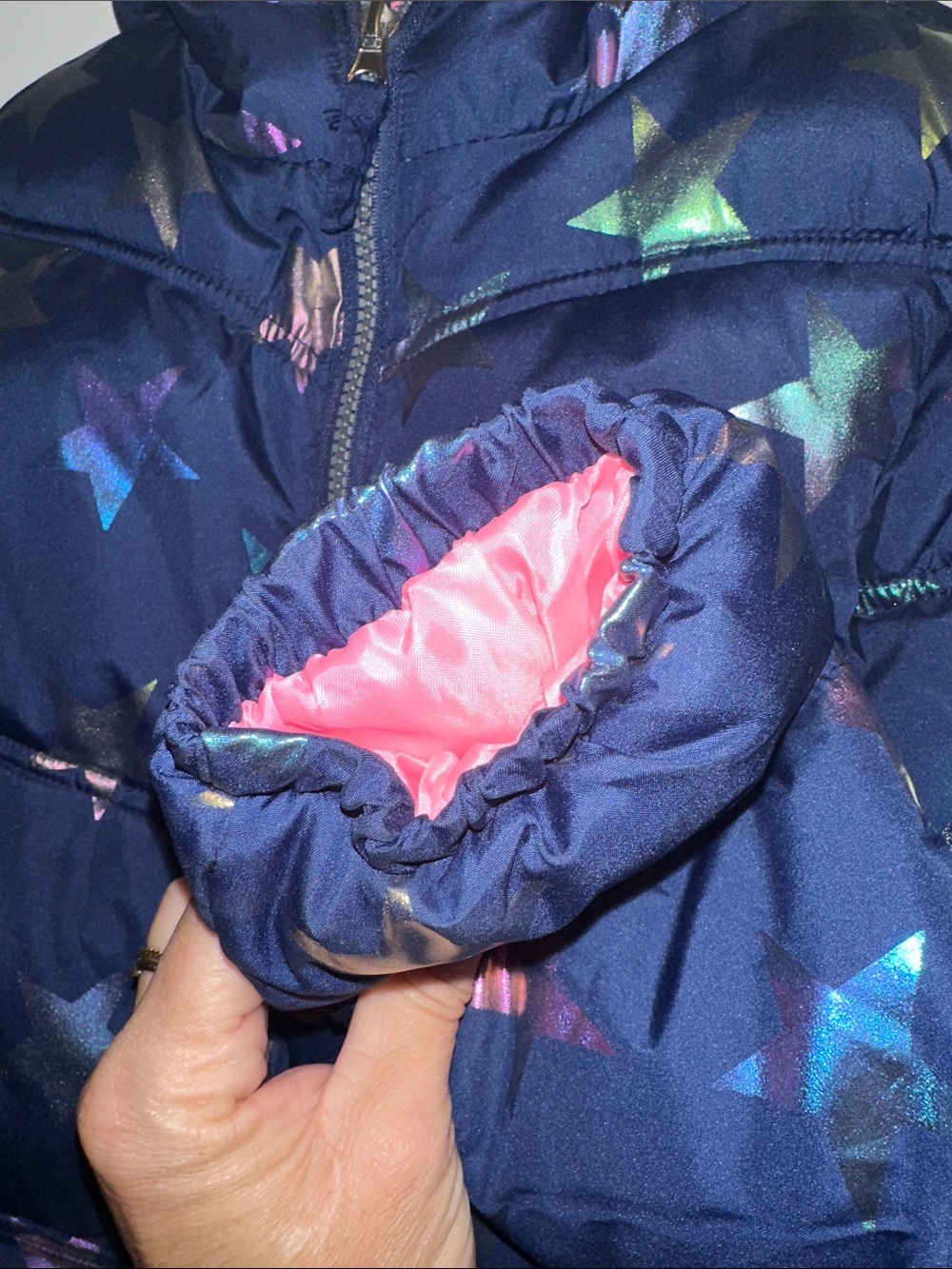 Pink Platinum Navy Star Print Puffer with Pink Hood Lining - Picture 6 of 10